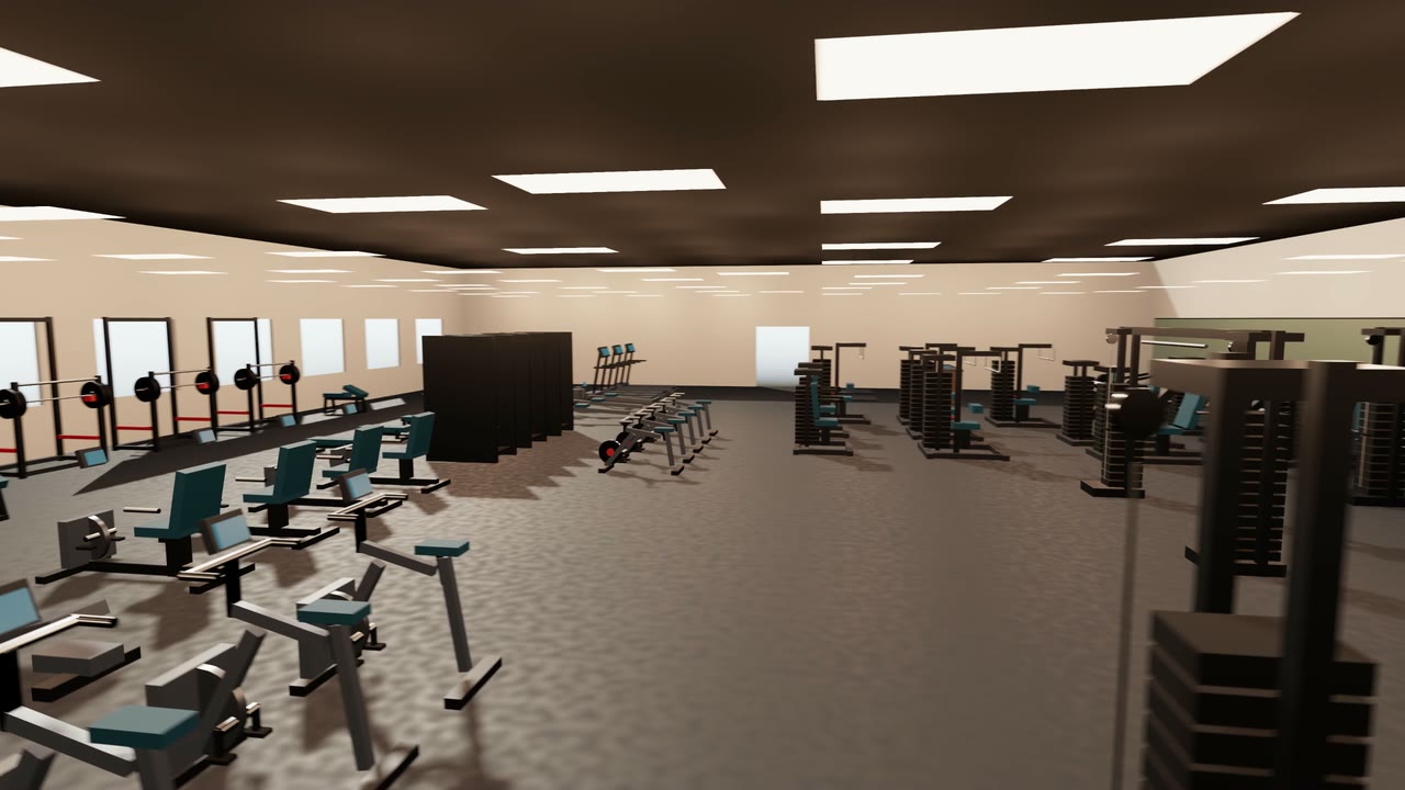 Still from the walkthrough render: a solved commercial gym floor with benches and racks along the window wall, selectorized machines opposite, and a clear circulation aisle carved down the middle.